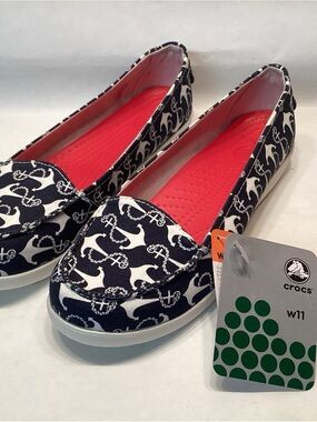 Crocs Melbourne ii Nautical Graphic Shoe SZ 11 Loafer Boat Slide Navy Oyster NWT